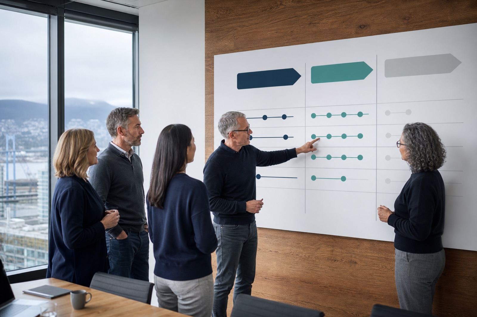A Vancouver leadership team reviewing a structured three-stage AI workflow pilot on a planning wall.