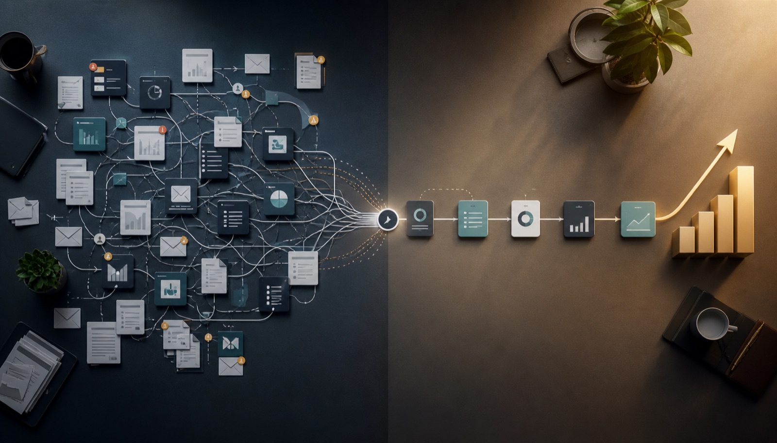 A visual comparison between disconnected digital work and one clear workflow that produces measurable growth.