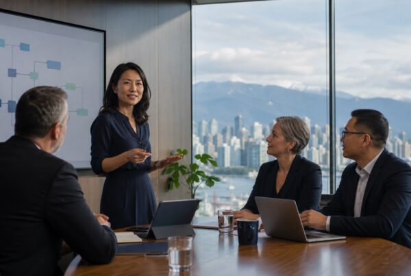 Vancouver executives reviewing an AI-enabled business workflow with the city and North Shore mountains behind them.