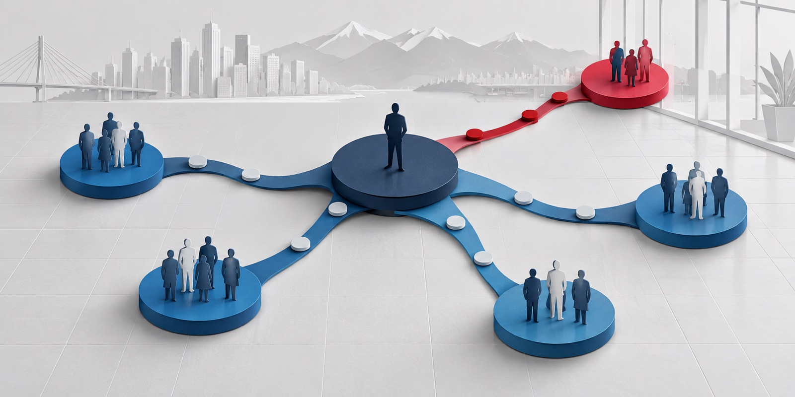 Business succession planning diagram with a distributed leadership network replacing a single owner bottleneck