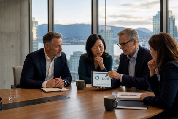 Vancouver business leaders reviewing a margin performance dashboard during a planning meeting