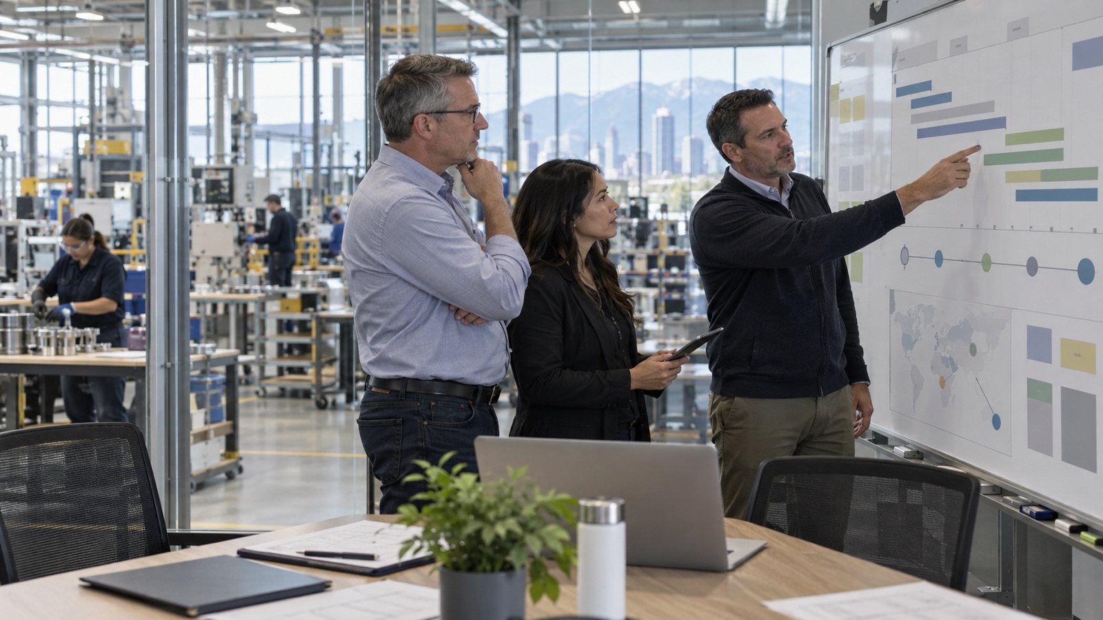 Business capacity planning team reviewing supplier, production and delivery capacity for a large order
