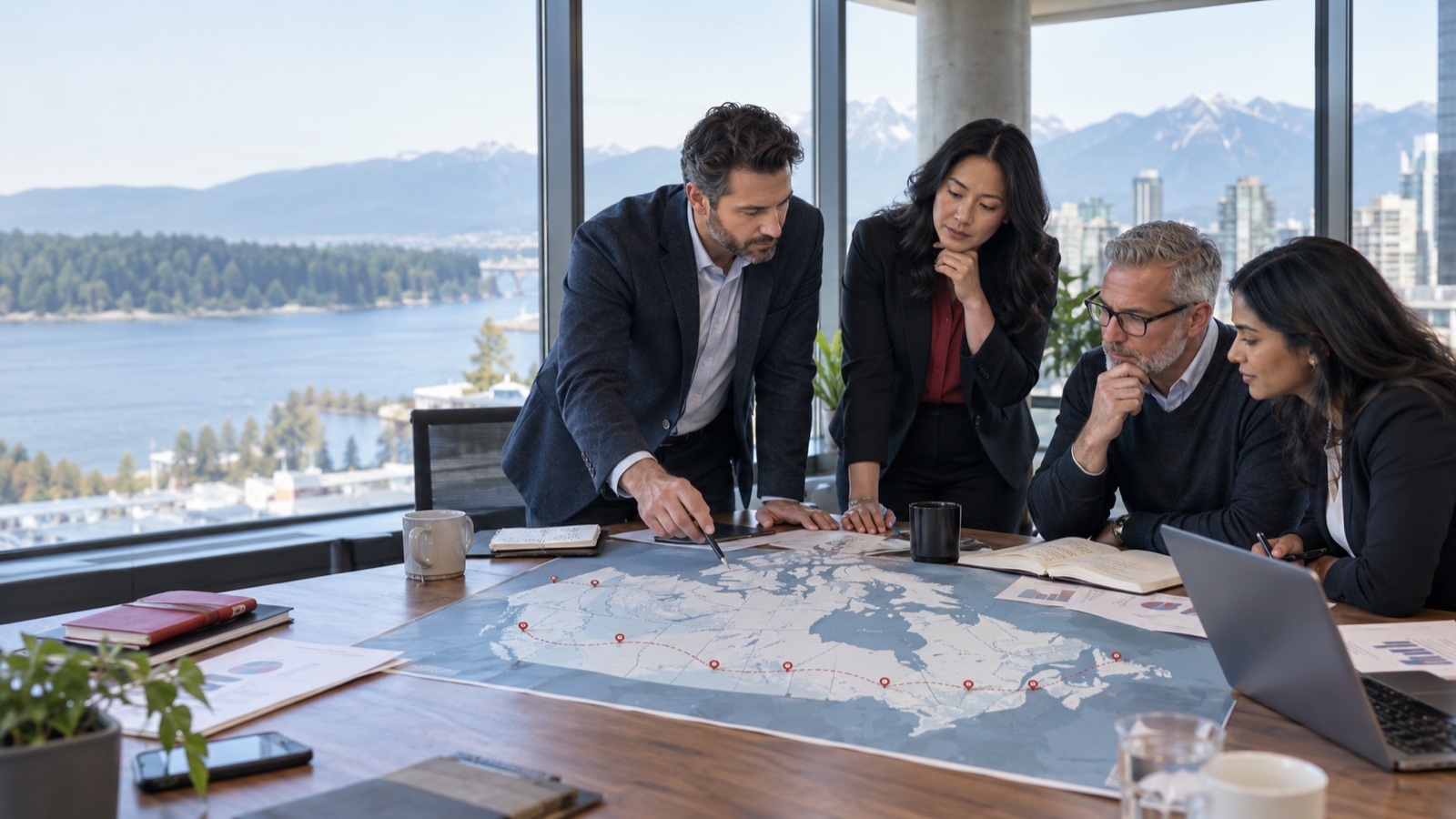 Vancouver leadership team evaluating a Canada-wide business expansion plan